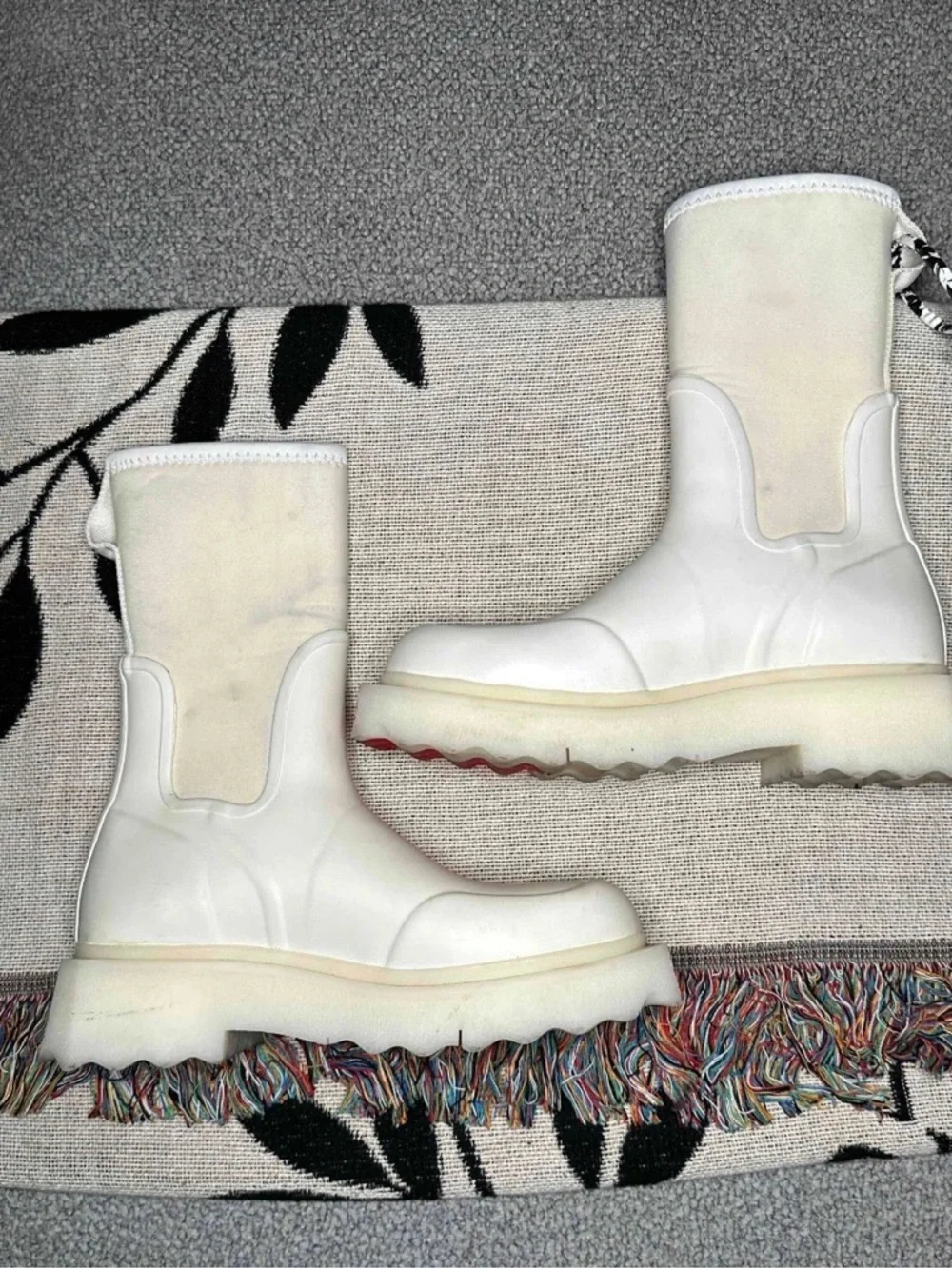 White Cream Platform Rain Boots with Pink Sole